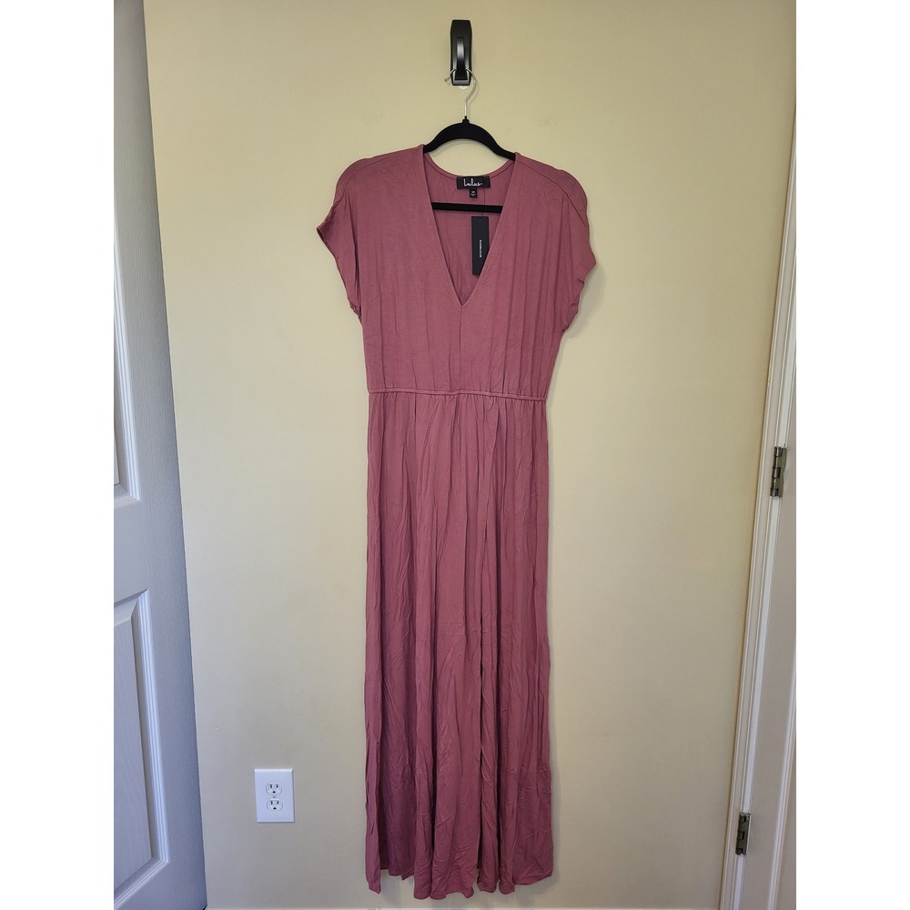 Lulus Lost in Paradise Rose Pink V-Neck Maxi Dress Size Medium NWT - Picture 3 of 5
